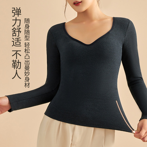 Simple V-neck thermal top for women, fixed all-in-one cup, skin-friendly, comfortable and thermal underwear for outer wear, slim fit and inner wear