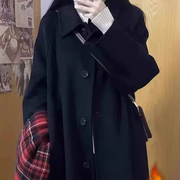 黑色中长款呢子大衣女2025秋冬季新款毛呢外套小个子基础款赫本风