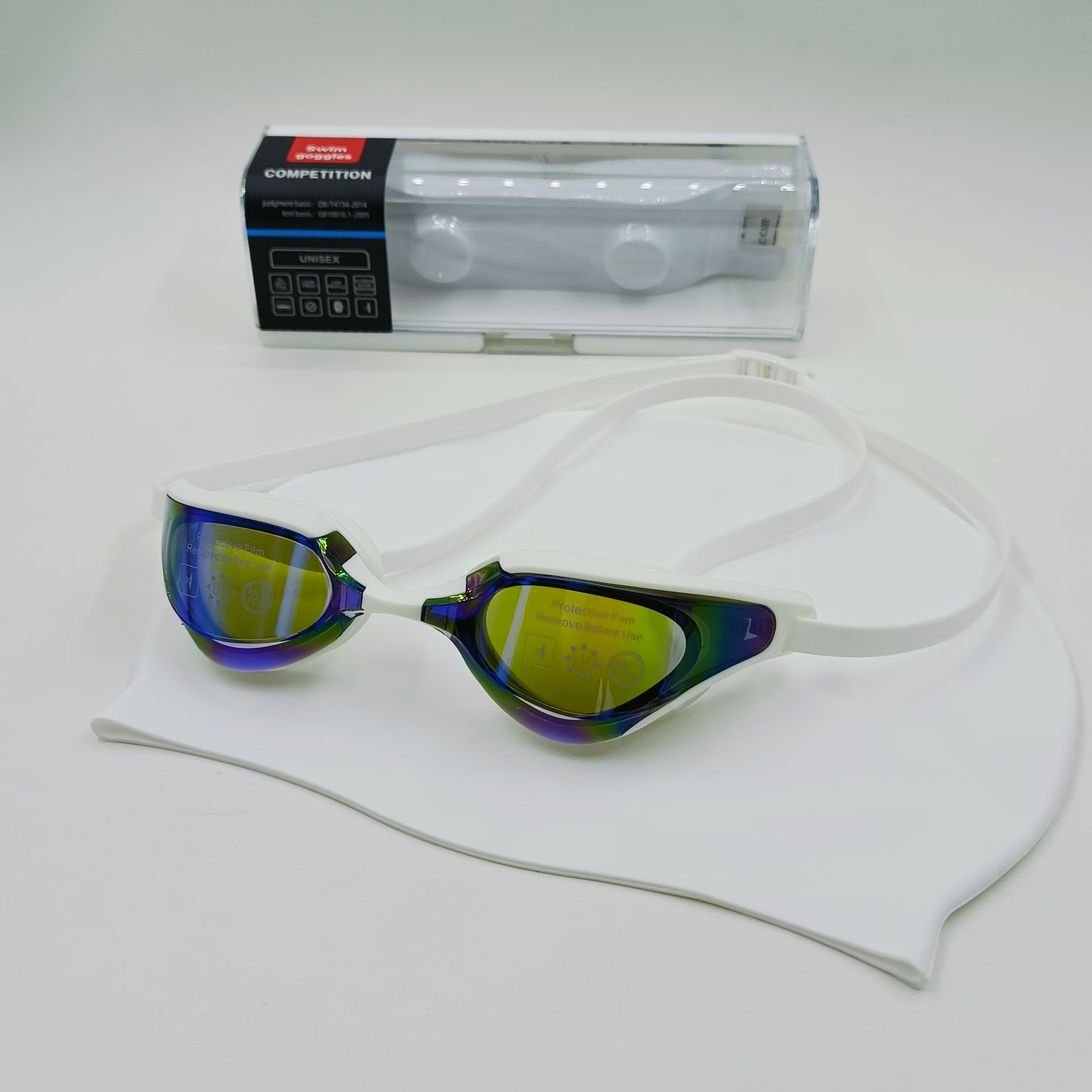 흰색과 파란색 수영 고글 + 흰색 수영 모자