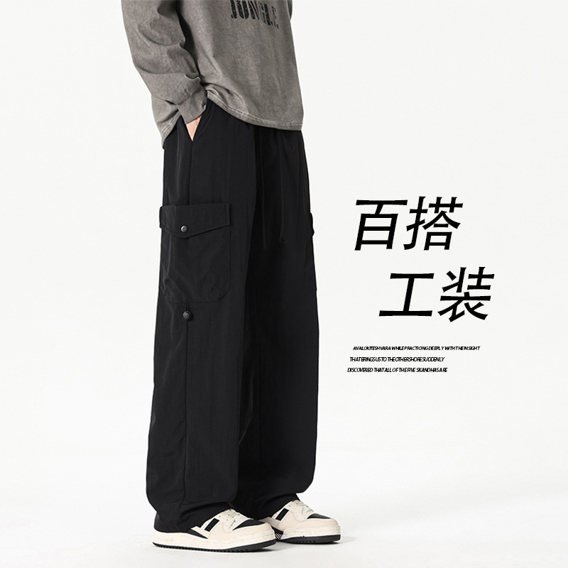 Men's Cargo Pants 2025 Autumn New American High Street Large Pocket Scimitar Pants Loose Straight Wide-Leg Casual Pants