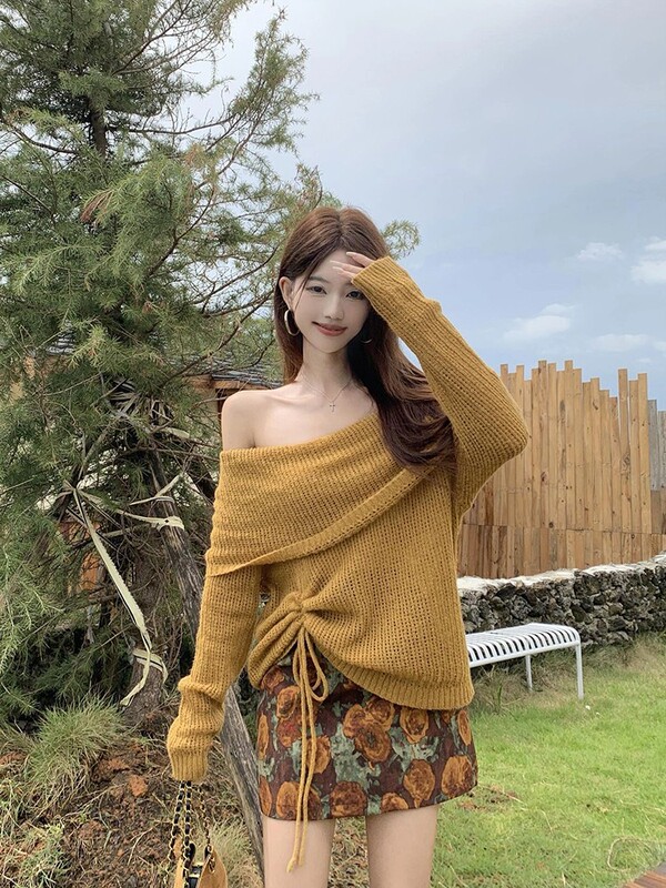 美拉德一字肩长袖针织衫碎花半身裙短裙女2025秋季新款时尚两件套|undefined