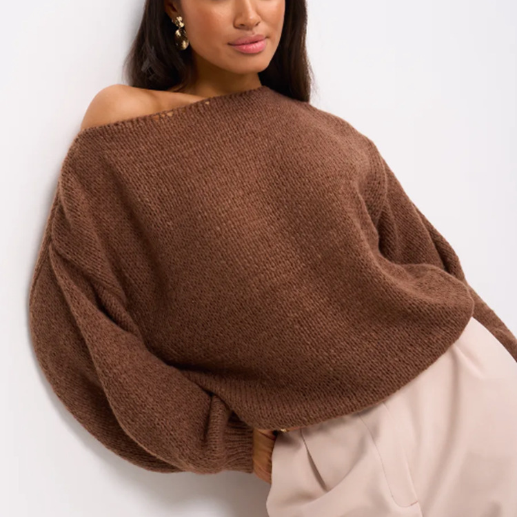 Cross-Border Women's Sweater 2025 Autumn and Winter Off-Shoulder Pullover Knitwear Loose European and American Long-Sleeve Solid Color Base Shirt Women's Fashion