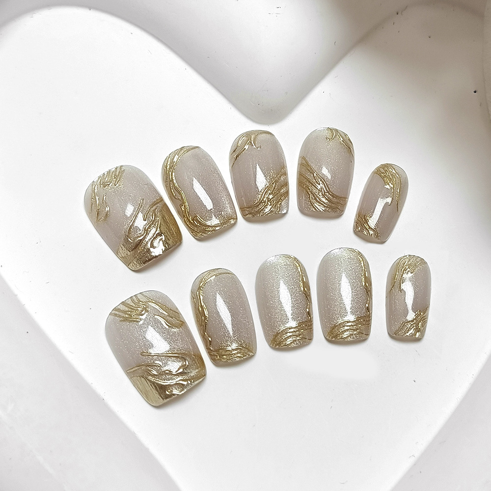 10 piezas de uñas postizas hechas a mano, nuevo estilo de uñas postizas con purpurina dorada, puntas de uñas 3D cortas con efecto ojo de gato. image 5