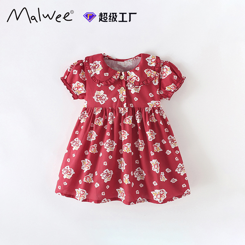 Vestido de verano para niños malwee transfronterizo nuevo vestido de niña linda de manga corta con cuello redondo para niños europeos y americanos