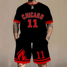 跨境时尚篮球T恤户外运动男式短袖T恤+短裤两件套套装字母3D印花