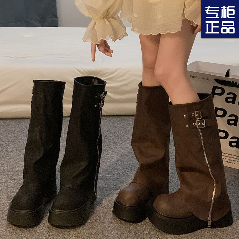 Height-Increasing Thick-Soled Brown Boots for Women, Early Autumn Thick-Leg Melard Long Boots, 2025 Western Cowboy Boots