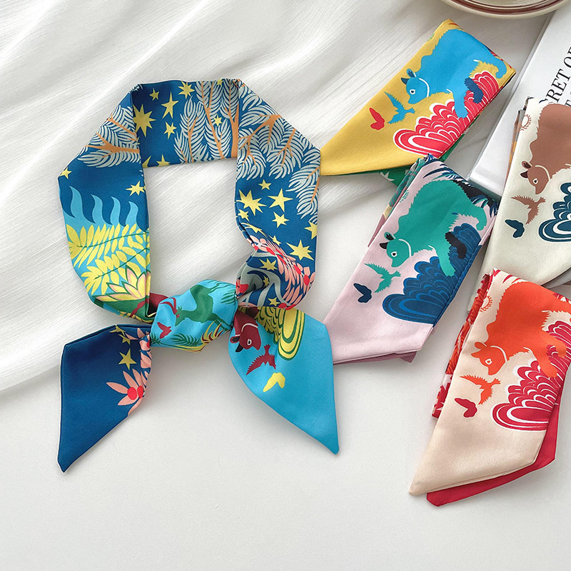 Nueva delgada estrecha larga bufanda de seda para las mujeres primavera y verano versátil animal selva impresión lazo pelo bolsa mango cinta