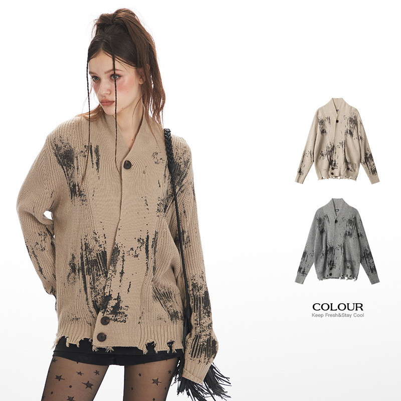 Heyhenry American Gothic Tie-Dye Cardigan Knitwear for Men and Women Autumn and Winter Outwear Ins Stand-Up Collar Knitwear Jacket