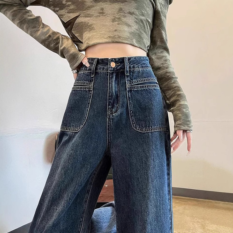 Vintage Straight-Leg Jeans for Women, New Korean Style for Spring and Autumn, High-Waisted, Slimming, Loose Fit, Versatile Wide-Leg Pants for Students
