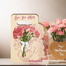 木质花束摆件，带心形手柄与雕刻引语-便携式桌面装饰