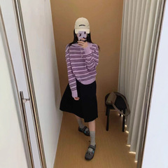 秋冬新款条纹polo领针织衫女减龄撞色学院风套头毛衣高品质全羊毛