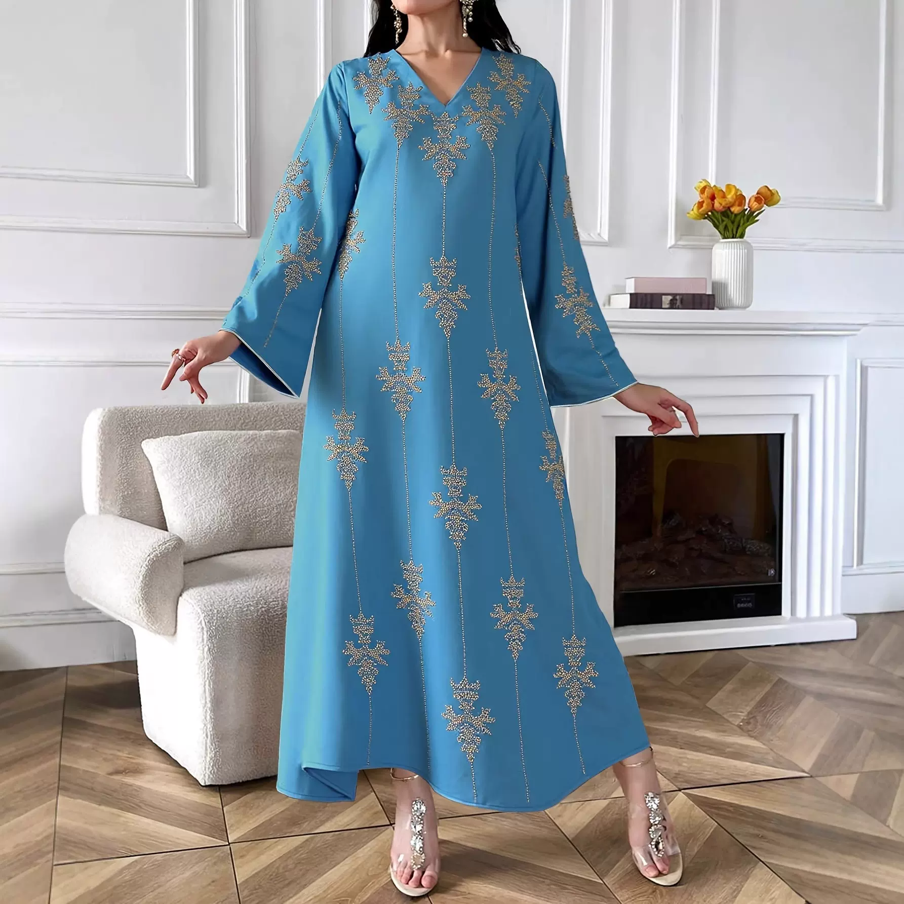 中东女装时尚烫钻钉珠礼服裙优雅银边V领连衣裙宽松雪纺蓝色长裙