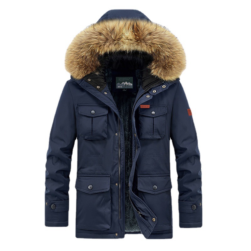 Cross-Border Autumn and Winter Men's New Velvet Thickened Mid-Length Hooded Cotton Outwear Casual Youth Thickened Jacket