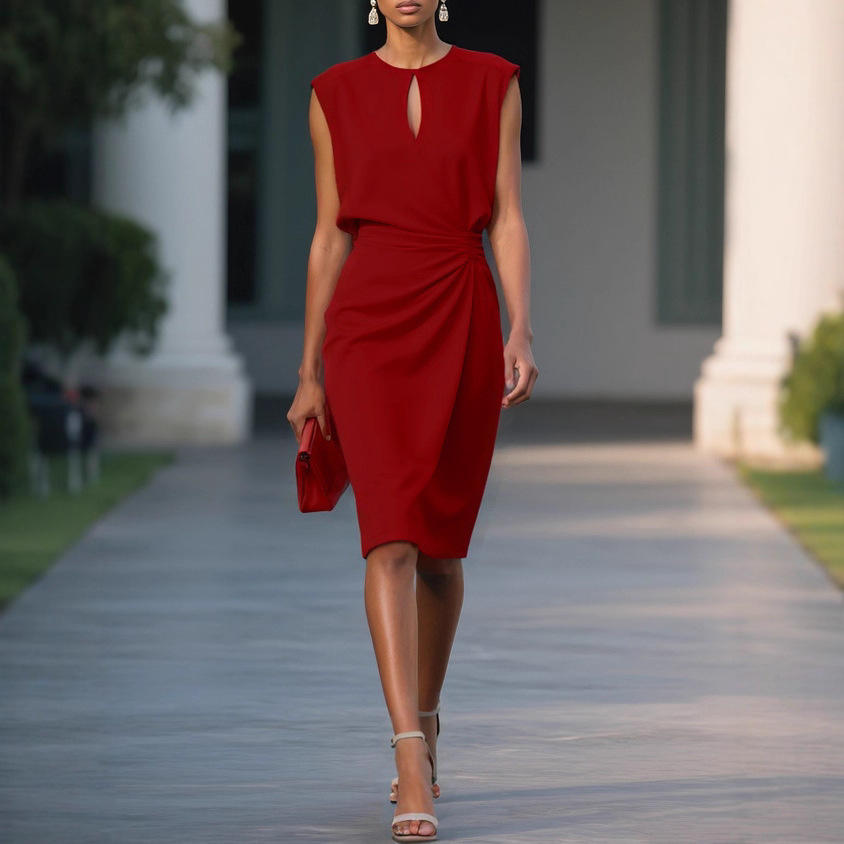 2025 European and American Fashion Amazon Independent Station Retro Elegant Cross Solid Color Knotted Round Neck Cut Out Dress