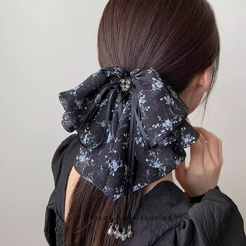 블랙 꽃무늬 크리스탈 리본