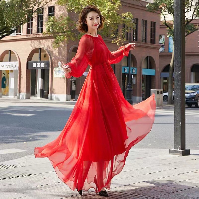 Dress, Extra Long Skirt, Large Size Chiffon Long Skirt, Spring and Summer Super Fairy Seaside Vacation Floor-Length and Ankle-Length Beach Skirt