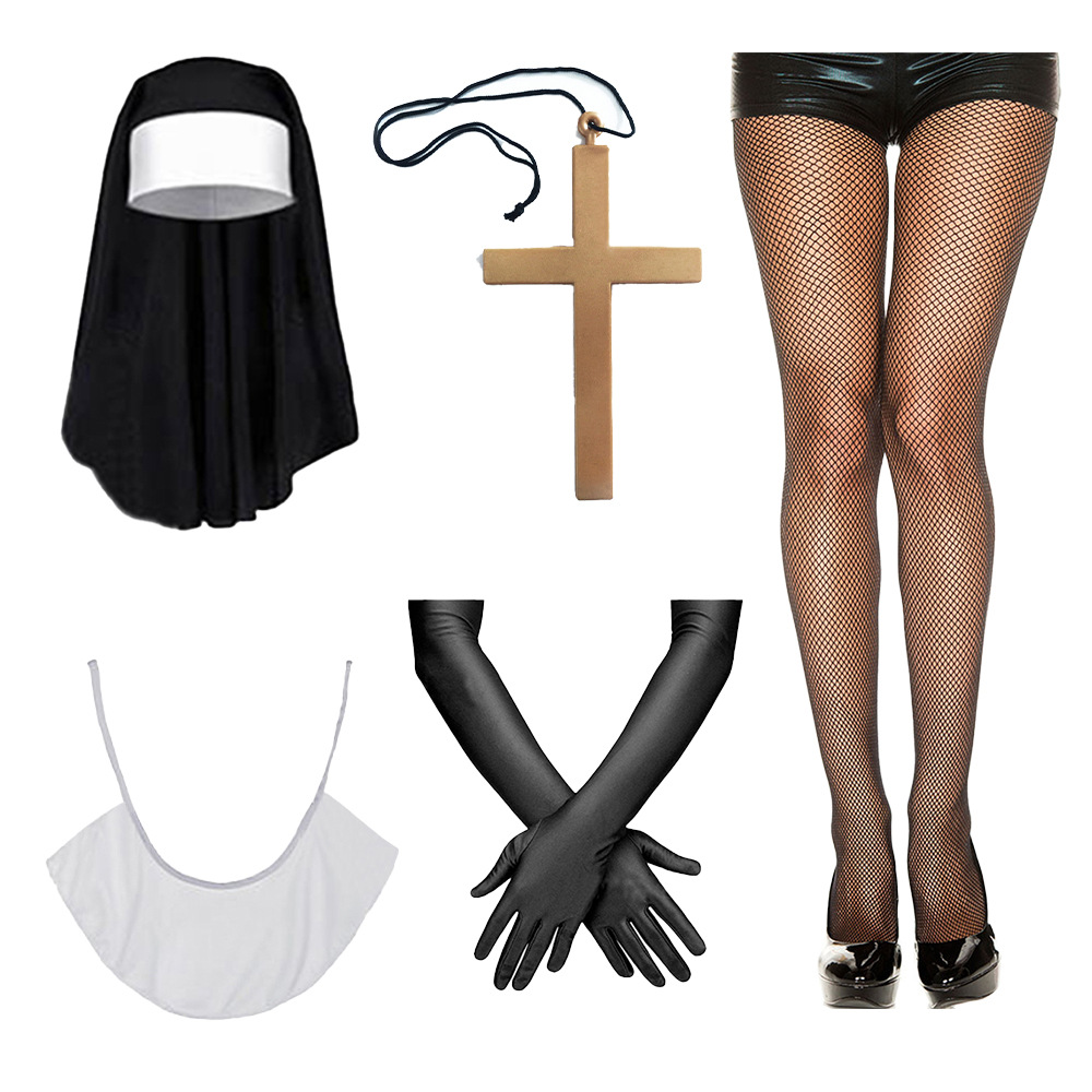 Halloween sexy cosplay monjas juegan disfraz ropa pañuelo calcetines collar crucifix set