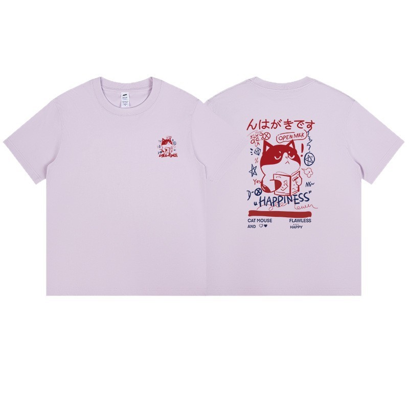通勤用、普段着に使える、猫プリントの純綿半袖Tシャツ。メンズ、レディース兼用、和風レトロ、新作、ラウンドネック、夏服、トレンドブランド。|undefined