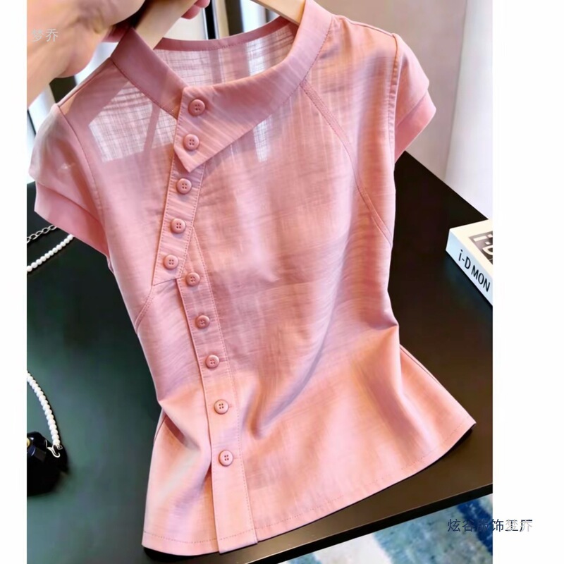 Fashionable French-Style Artistic Design, Niche Style, Pink Button-Up Shirt, Women's Casual Top, Navy Blue