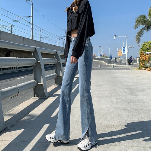 Slit high-waisted stretch jeans for women summer new style slim and slim, versatile, floor-length, micro-flared pants, trendy