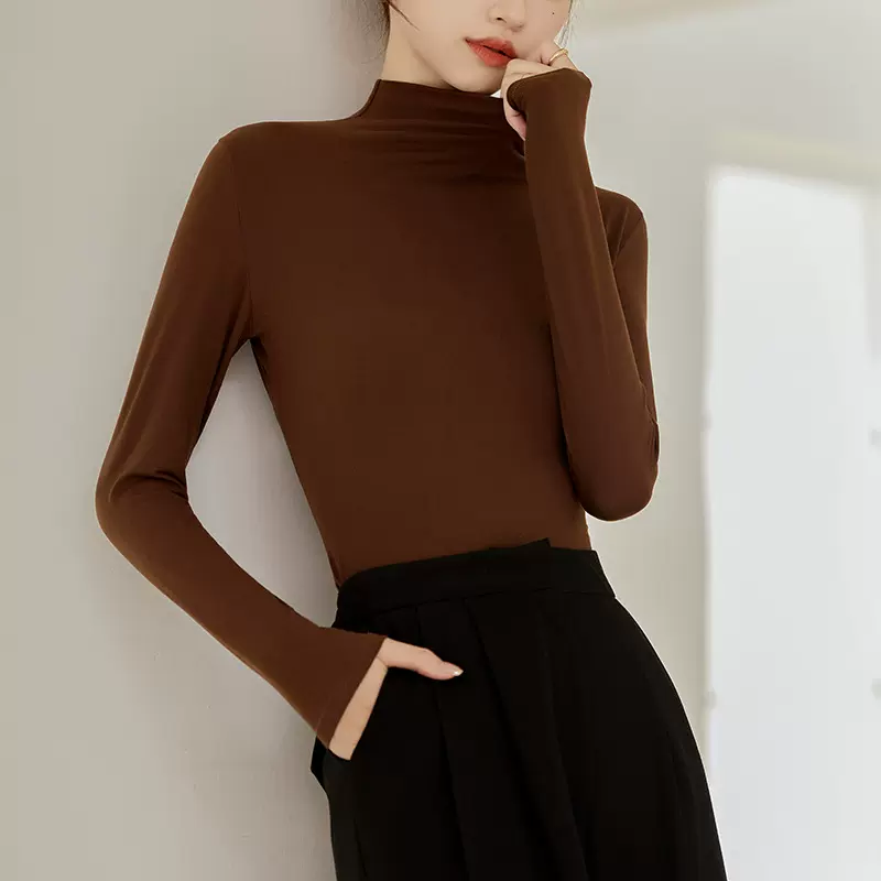 赛迪~咖色针织衫女保暖上衣2025秋冬修身长袖t恤半高领正肩打底衫