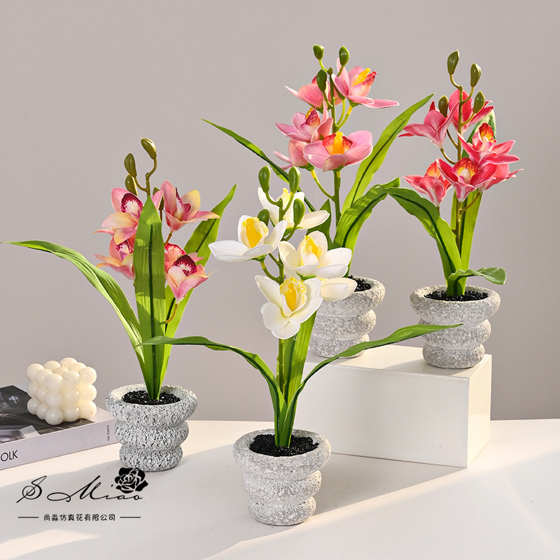 Bonsái de Cymbidium Artificial de 5 Cabezas, Flor de Seda, Decorativo, para Hogar y Estudio Fotográfico