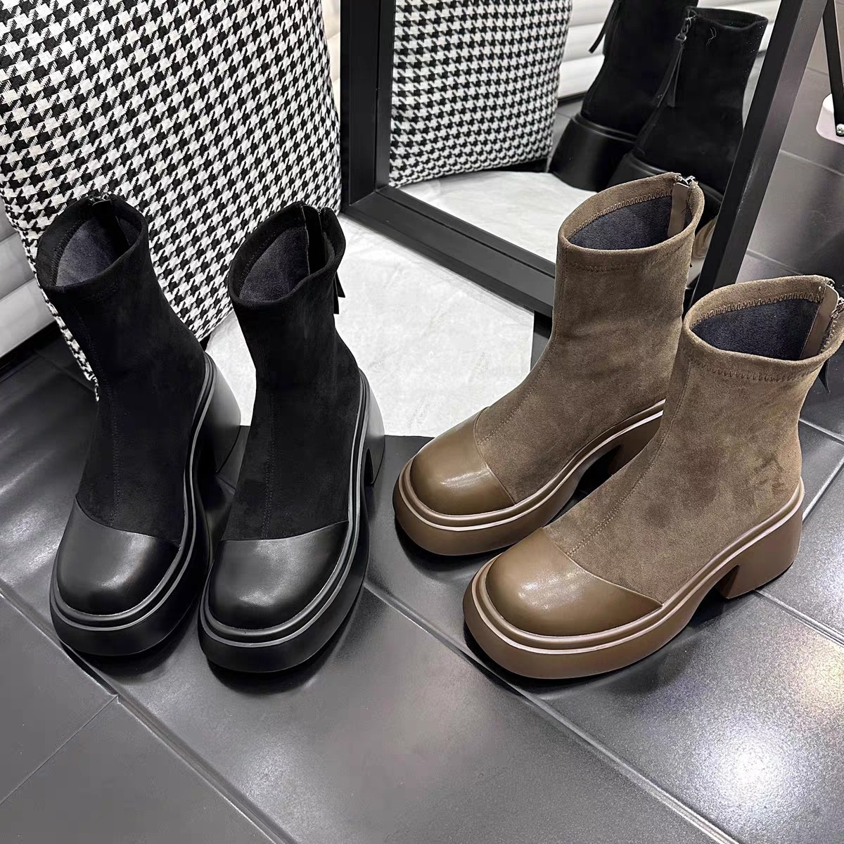 Thick-Soled Thick-Heeled Short Boots for Women 2024 New Autumn and Winter Slim Boots European Station British Style Elastic Boots Heightening Boots
