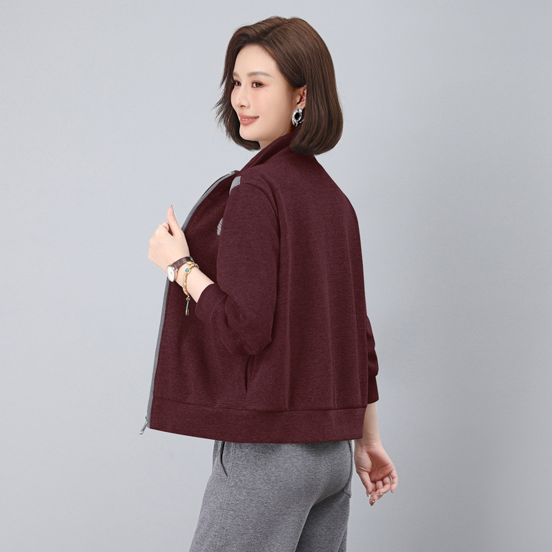 立领撞色卫衣女春秋2025年新款中年妈妈宽松休闲短款拉链开衫外套|undefined