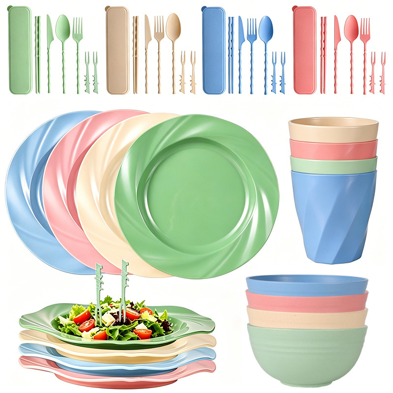 Cross-border rotating pattern bowl, plate, cup, knife, fork, spoon, chopsticks, fruit fork 44-piece household tableware set for home and outdoor use Cross-border rotating pattern bowl, plate, cup, knife, fork, spoon, chopsticks, fruit fork 44-piece household tableware set for home and outdoor use