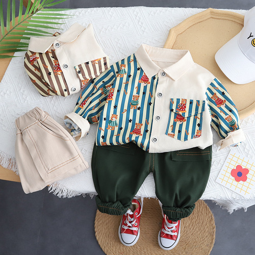  Spring New Boys' Collar Color Matching Shirt Long Sleeve Set Casual Pants Two-Piece Suit for Baby Boys 
