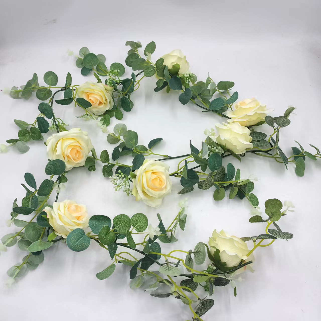 Eucalipto artificial guirnalda más tela de seda artificial Rosa vid verde decorativo largo boda arco Mesa pared fondo