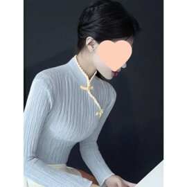 温柔蓝色立领国风盘扣长袖毛衣针织衫女秋冬新款修身显瘦打底上衣