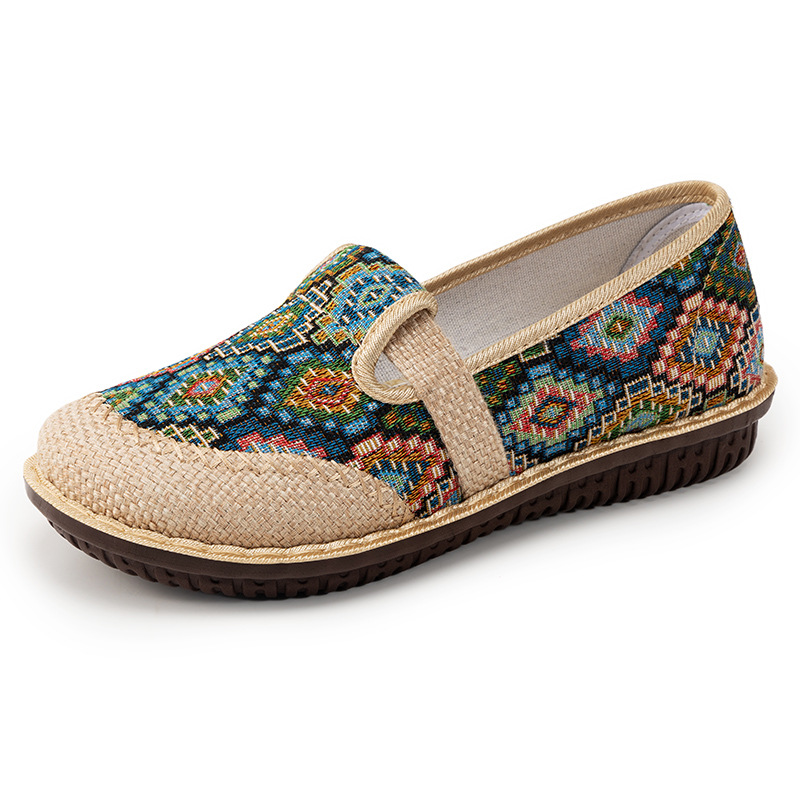 Zapatos de mujer de verano nuevo estilo de un pie estilo étnico zapatos de tela viejos de Beijing zapatos casuales ligeros de poliuretano zapatos individuales de lino