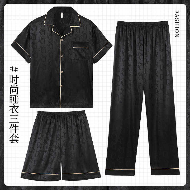 Summer Ice Silk Jacquard Pajamas Men's Lapel Short-Sleeved Shorts Plus Size Can Be Worn Outside Trousers Home Clothes Three-Piece Suit