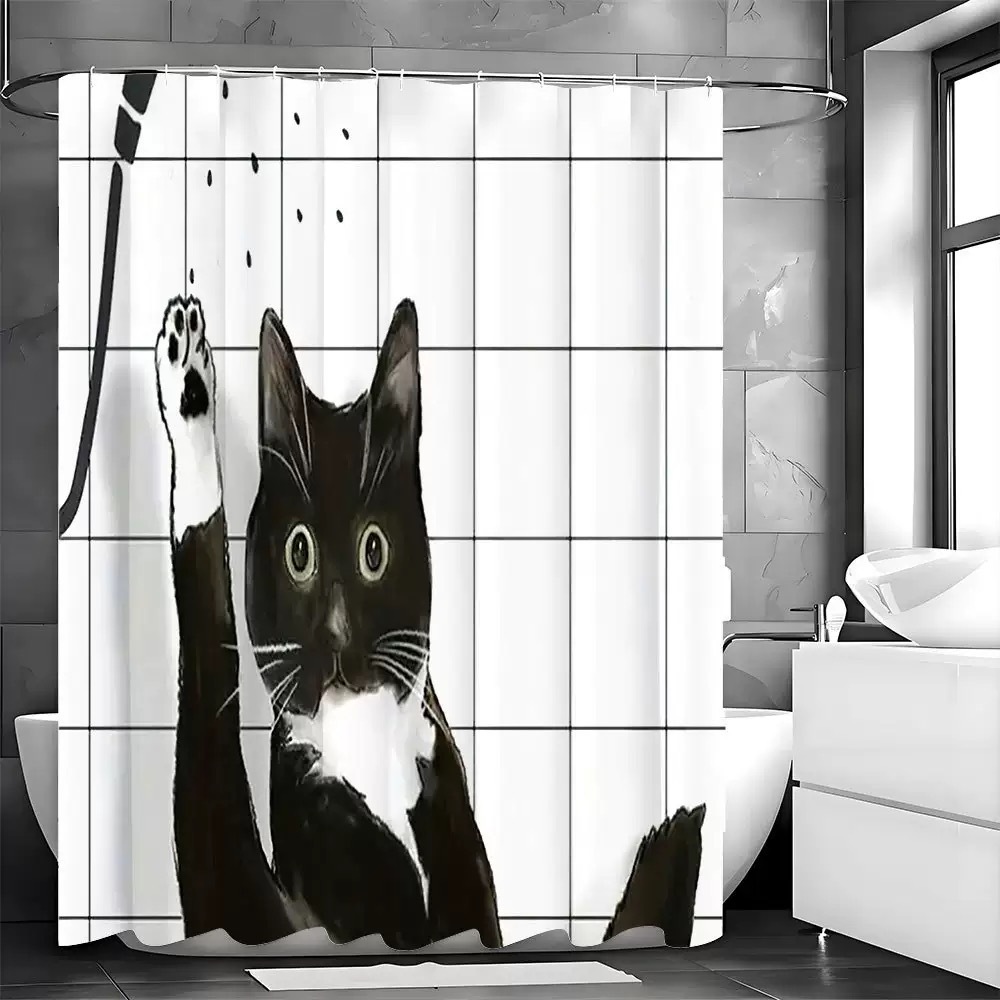 Divertida cortina de baño valiente gato sostiene tridente flecha montar tiburones en las olas ballenas gatos cortina de baño conjunto baño