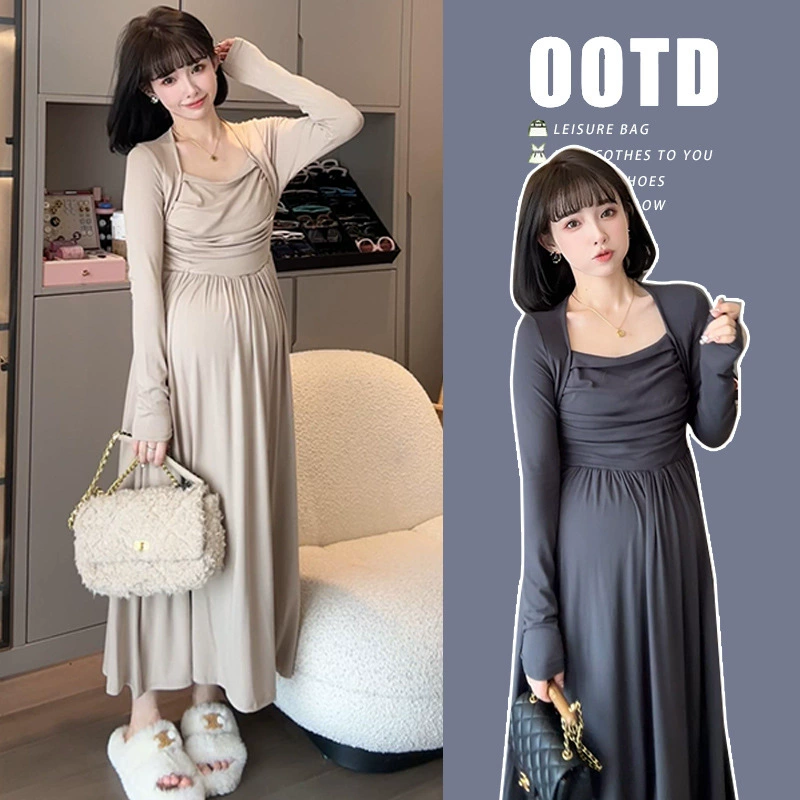 Осень 2023 для беременных Новое платье средней длины Весна и осень Элегантное французское платье Свободный живот, покрывающий Высокое качество похудения