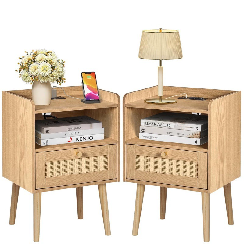 Тумбочка на ножках из массива ротанга с зарядной станцией, современная тумбочка середины века, гостиная в спальне в стиле фермерского дома