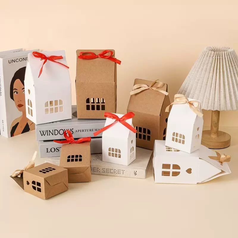 跨境圣诞姜饼屋房子糖果盒喜庆蝴蝶结小礼品盒白色棕色礼物包装盒