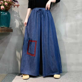 简梦贴布牛仔裤 2026春季新款 复古大版松紧腰水洗休闲阔腿裤子女