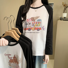 黑白撞色拼接长袖t恤女秋装2024年新款宽松内搭打底衫插肩袖上衣