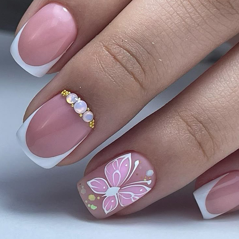2025 New Butterfly Wearable Nails White French Ribbon Nail Art Diamond Cute Fake Nails Foreign Trade Nail Art
