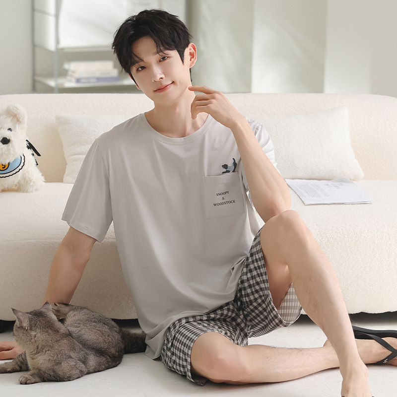Men's Summer Pajamas, Lyocell Cotton Short-Sleeved Shorts, Summer New Style, Casual Pullover Home Clothes for Young Students 26