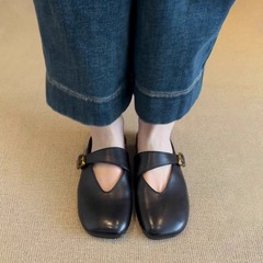 シープスキンバージョン~女性用フレンチレトロニッチハーフスリッパ、春の万能な新しいアウターウェア、平底つま先ラウンドトゥスリッパ