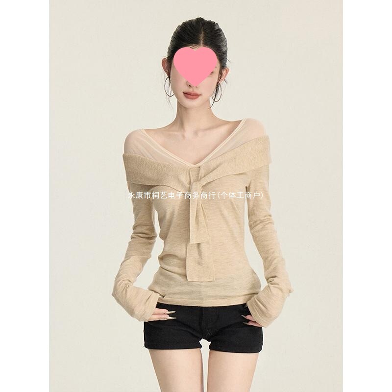 Cold Buleng Off-Shoulder Mesh Patchwork Twist-Knit Sweater for Women, Autumn Style, Unique V-Neck Long-Sleeve Top in Light Khaki Cold Buleng Off-Shoulder Mesh Patchwork Twist-Knit Sweater for Women, Autumn Style, Unique V-Neck Long-Sleeve Top in Light Khaki
