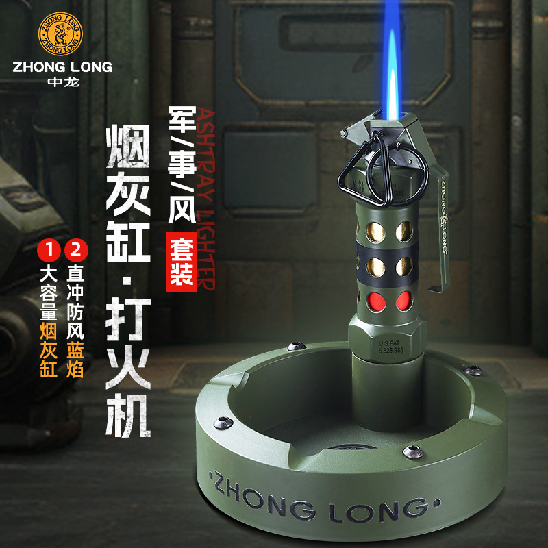 Gran tamaño todo el metal grado fiebre militar M84 modelo de granada de choque inflable encendedor a prueba de viento conjunto de cenicero
