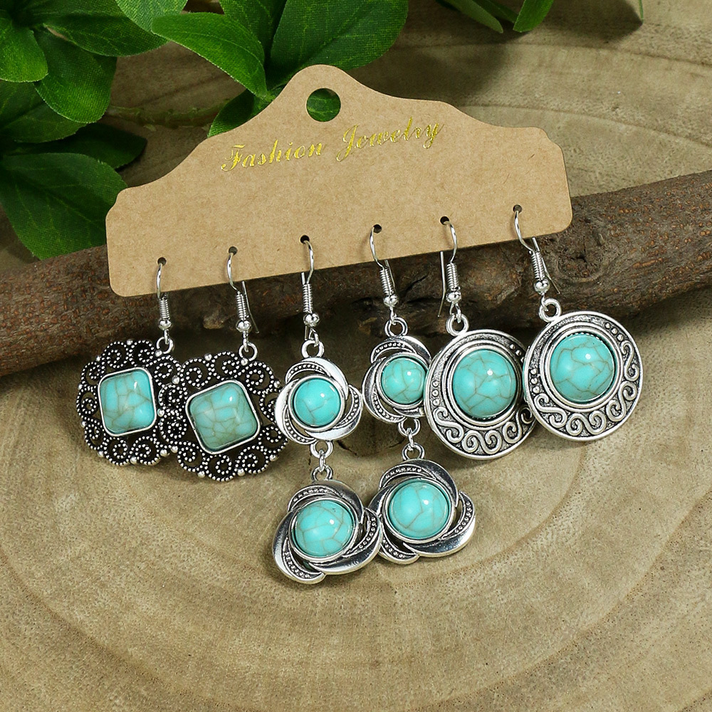 1 Pair Retro Simple Style Geometric Plating Alloy Turquoise Drop Earrings display picture 2