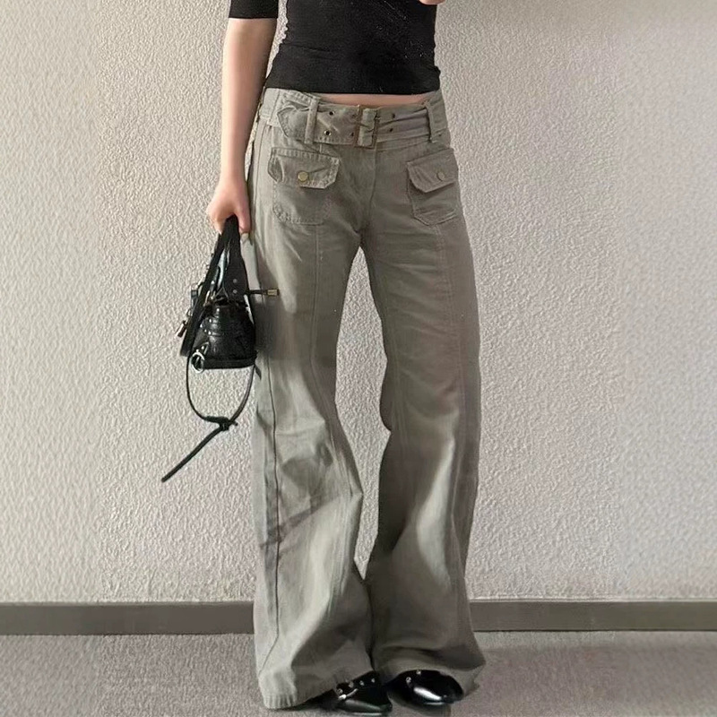 American-style gray-green workwear wide-leg flared jeans for women, slimming and flattering for petite figures, high-waisted and fitted straight-leg bell-bottom pants