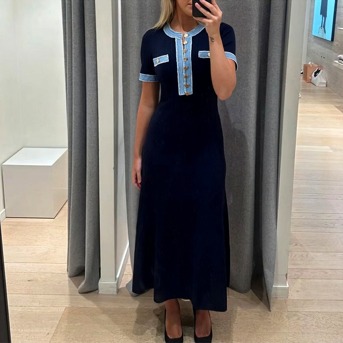 Qadın denim trikotaj qısaqol paltar, uzun və dar model