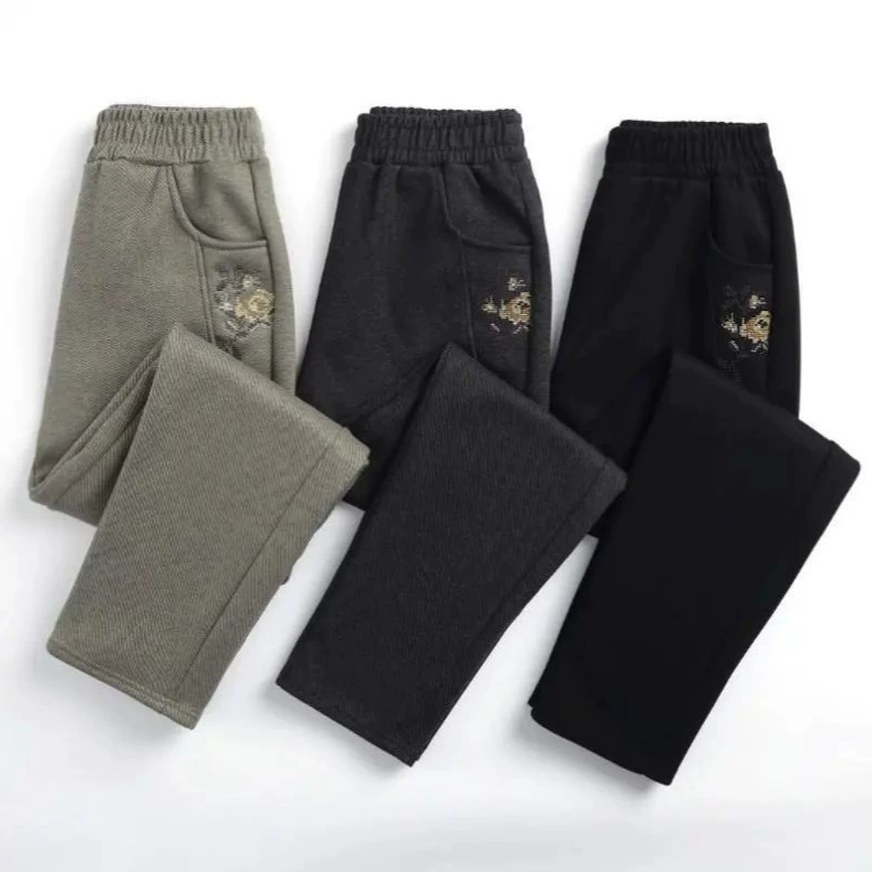 Осенние и зимние брюки для женщин среднего и пожилого возраста, брюки для мам на флисовой подкладке и утолщенные эластичные брюки с высокой талией, прямые хлопковые брюки для бабушек, трансграничные