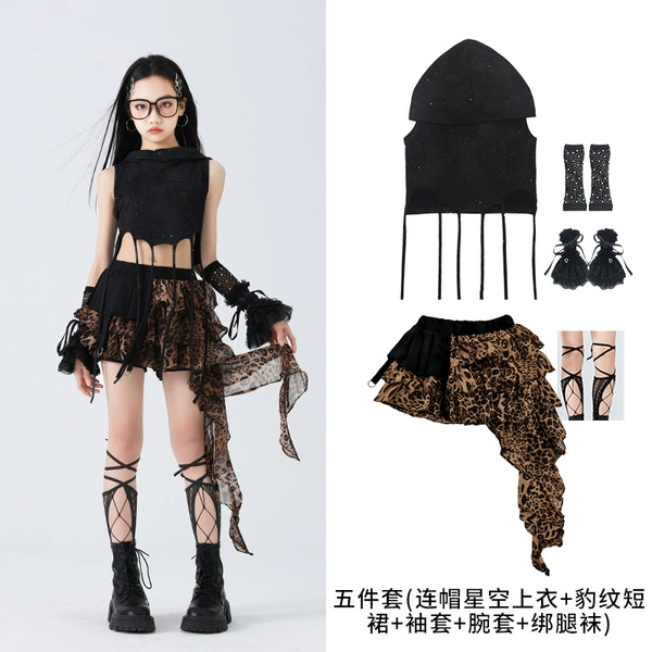 5-piece set [hooded starry sky top + leopard print skirt + sleeves + wrist sleeves + leggings]